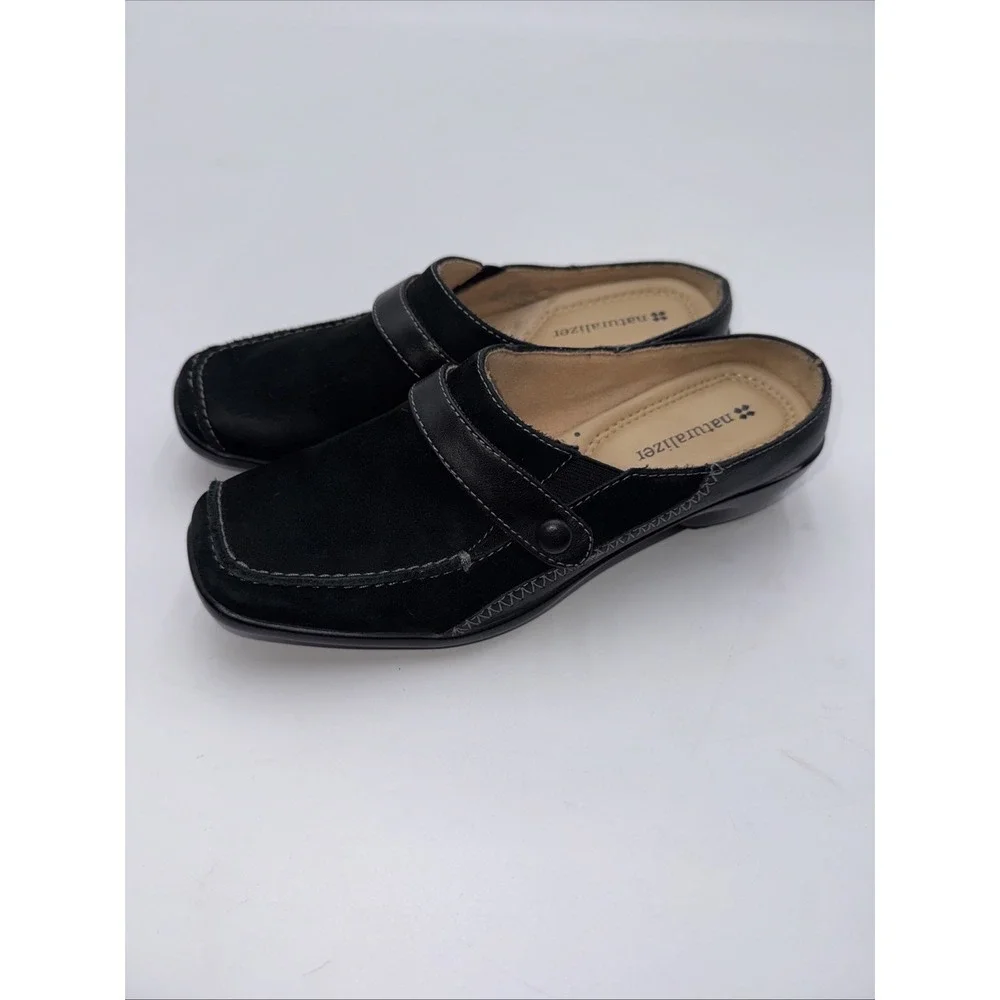 Naturalizer Black Leather Suede JOYFUL Mule Slip On Women's Size 4.5M Square Toe